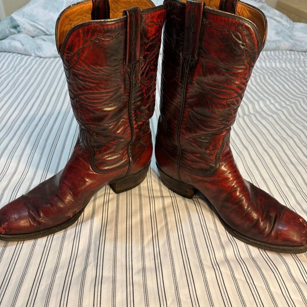 Vintage Lucchese Cowboy Boots Mens 10.5 E Red Wine Burgundy Leather